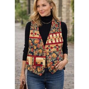Vintage Vest Quilted Patchwork Floral‎  L/XL? Red Navy Western Boho Cottagecore